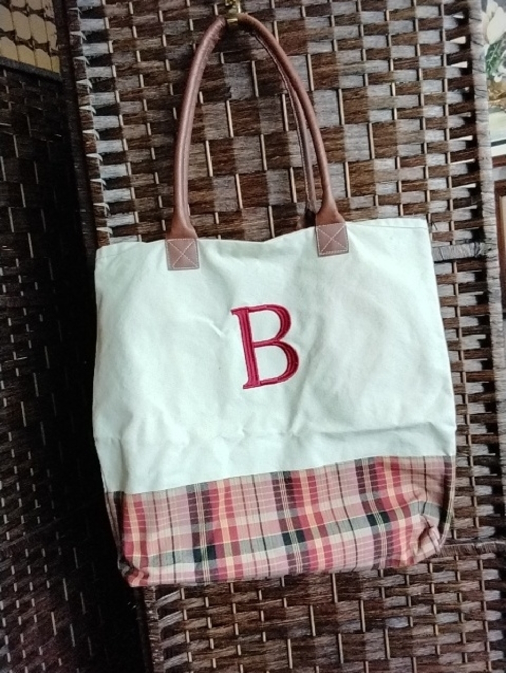 Monogram Canvas Tote Bag with Brown Leather Handles - Cream and Plaid